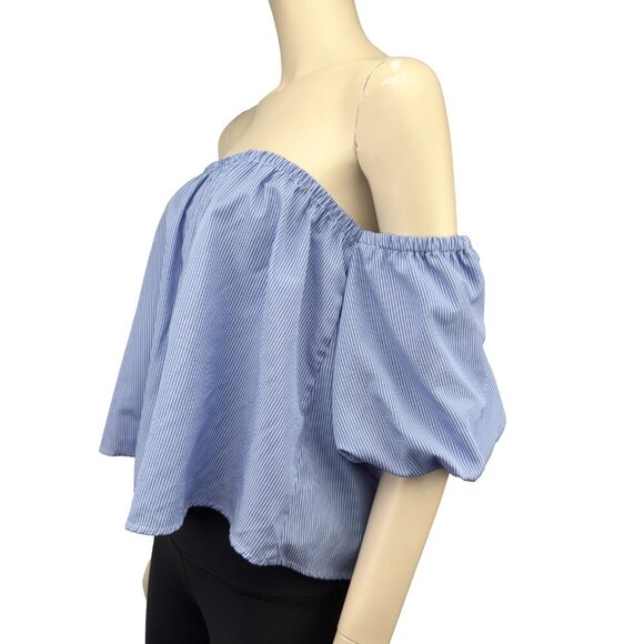 SOPHIE RUE ANTHRO Sailor chic Puff Sleeve Pinstripe Blue White OffShoulder Top M - Picture 2 of 6
